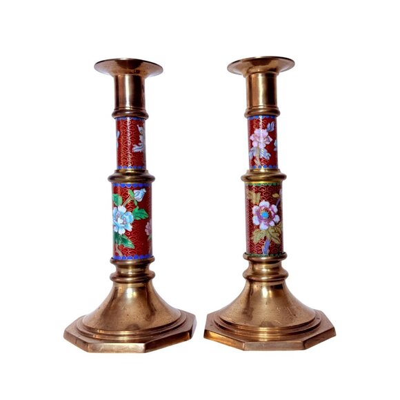 Cloisonne Brass Candlestick Holders Floral Bird Set Of 2 VTG Eclectic Home Decor - Picture 2 of 15
